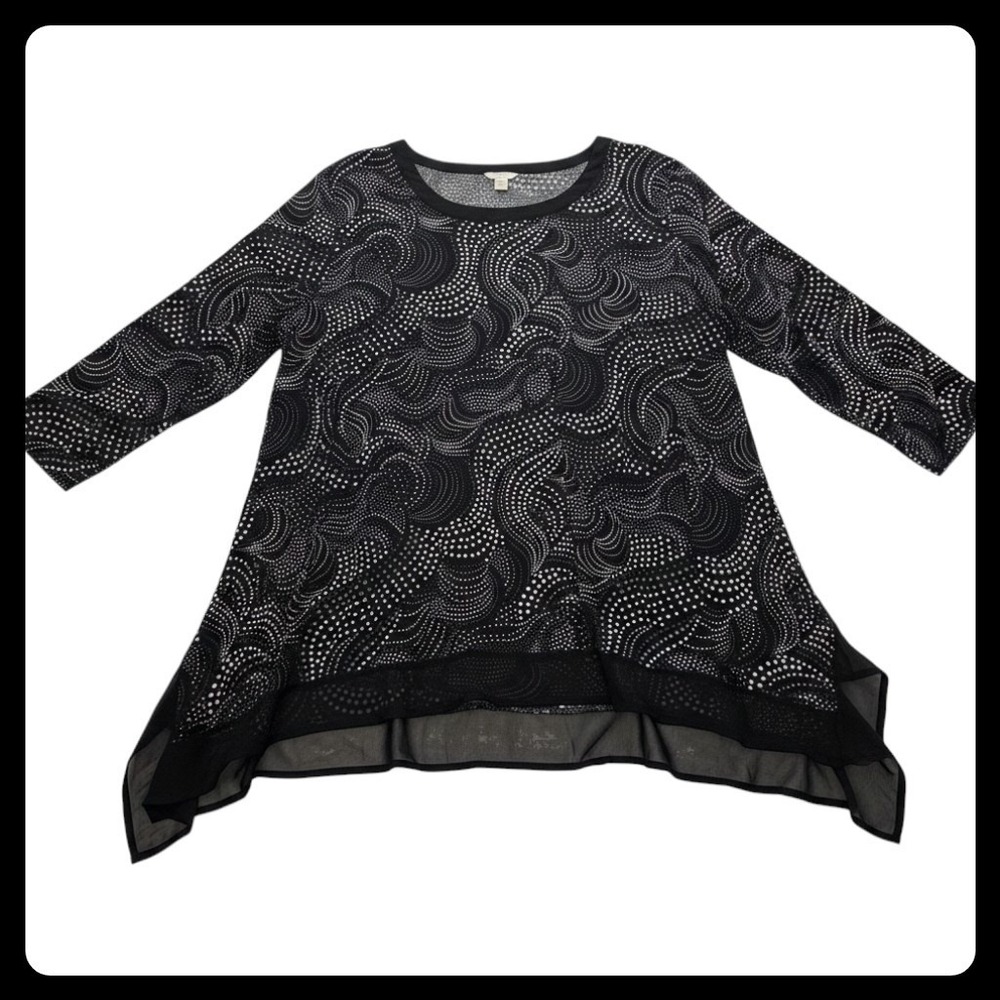 C Est. 1946 Tunic Top Womens 22/24W Black Polka Dot Sharkbite Hem Blouse